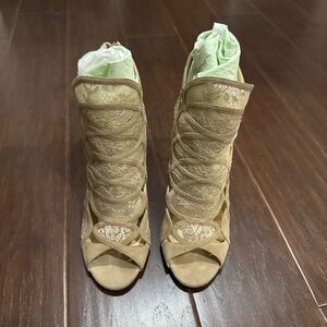 Jimmy Choo beige lace and suede flaunt ankle booties